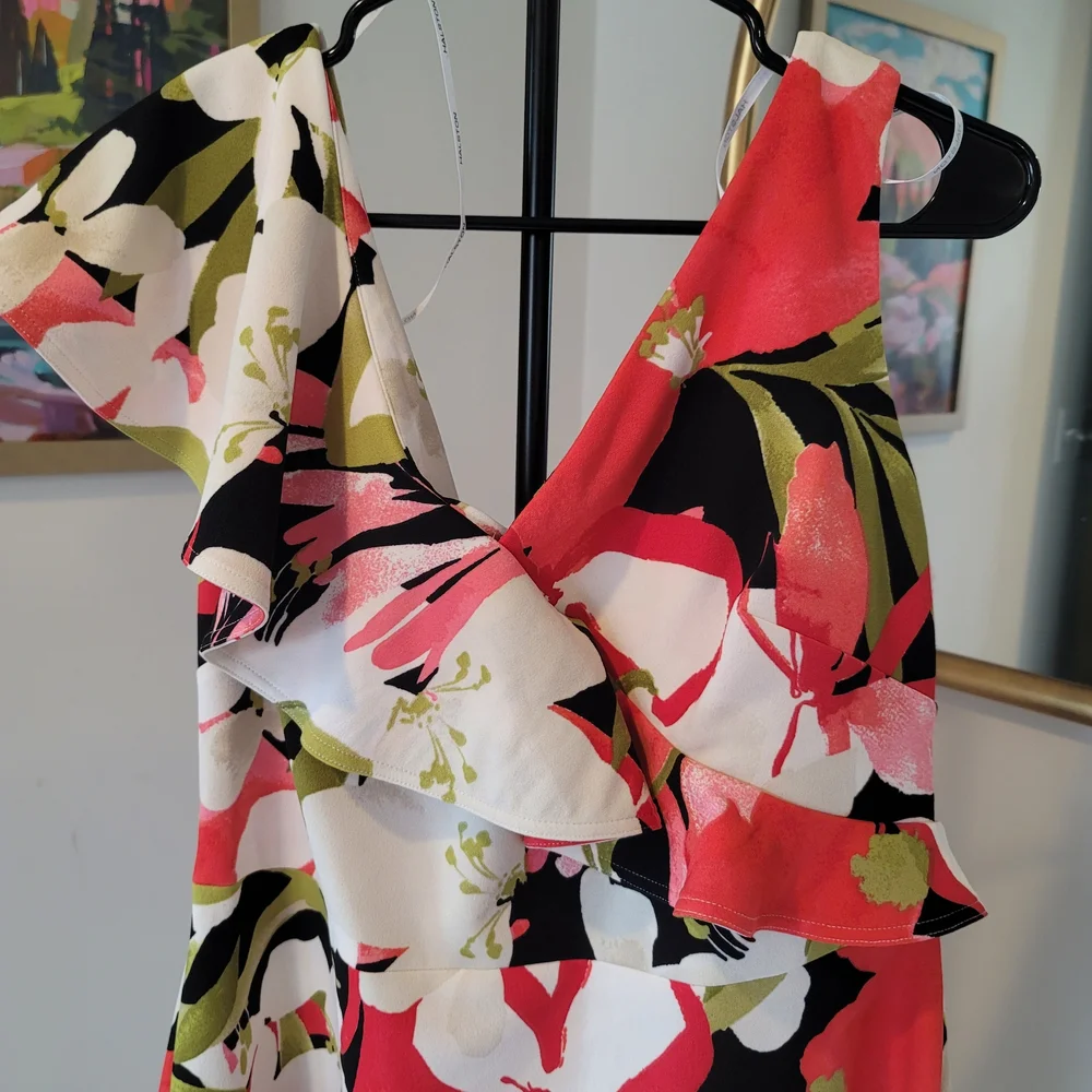 NWT HALSTON Floral Printed Asymmetric Ruffle  Black Red Size 14 - Picture 3 of 10